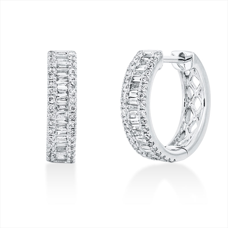 Creolen 18 kt WG, 42 Trap. 0,21 ct, W-pi, 72 Brill. 0,21 ct, W-pi