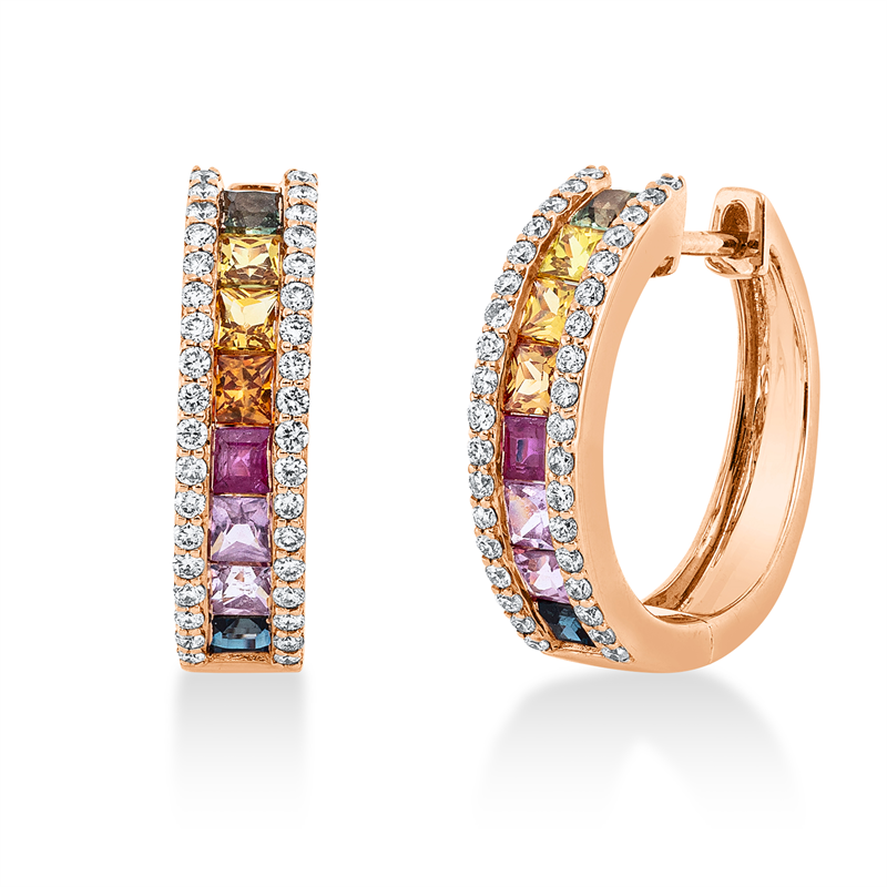 Creolen 18 kt RG, 72 Brill. 0,32 ct, TW-si, 16 Saphire 1,34 ct fancy