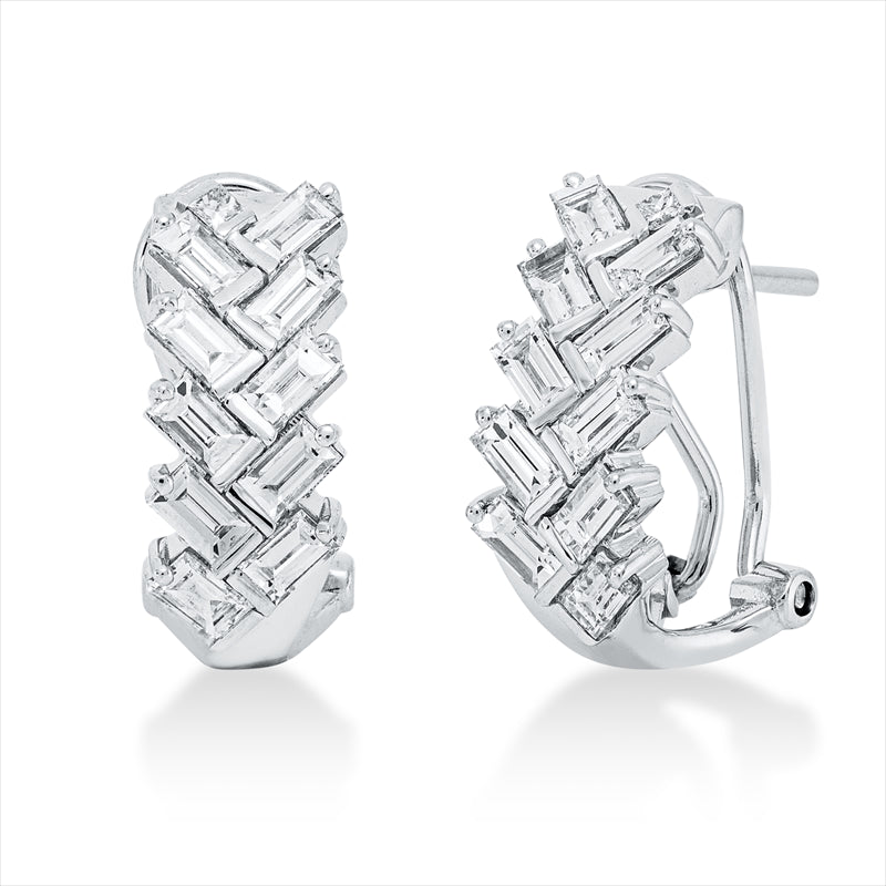 Creolen 18 kt WG, 20 Bag. 1,72 ct, F-vsi, 2 Princ. 0,05 ct, F-vsi