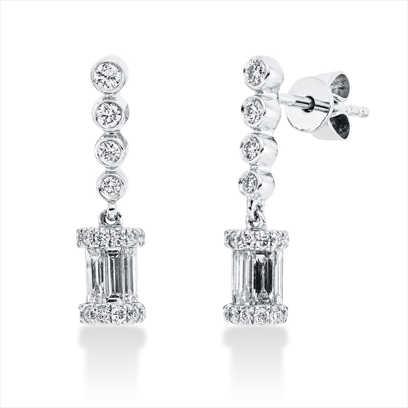 Ohrschmuck 18 kt WG, 40 Brill. 0,21 ct, TW-si, 14 Bag. 0,68 ct, F-vsi, 8 Brill. 0,13 ct, TW-si