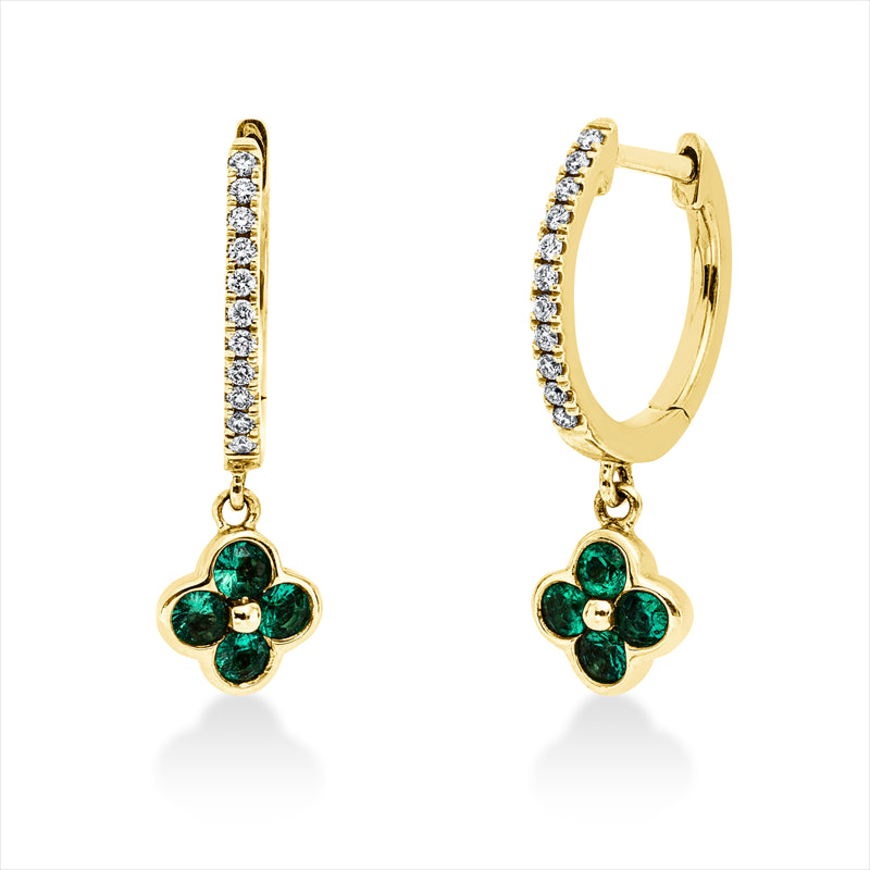 Ohrschmuck 14 kt GG, 22 Brill. 0,10 ct, TW-si, 8 Smaragde 0,29 ct grün