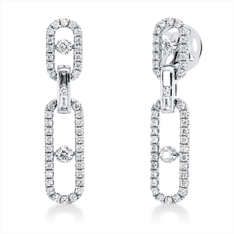 Ohrschmuck 18 kt WG, 2 Brill. 0,02 ct,80 Brill. 0,58 ct, 4 Bag. 0,08 ct, F-vsi/si, 4 Brill. 0,13 ct, F-vsi/si