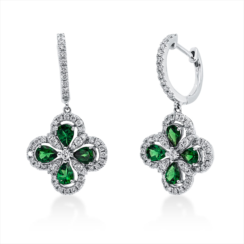 Ohrschmuck 18 kt WG, 2 Brill. 0,05 ct,8 Brill. 0,12 ct,94 Brill. 0,55 ct, TW-si, 8 Tsavorith 1,33 ct grün