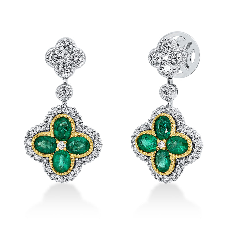 Ohrschmuck 18 kt WG+GG, 52 Brill. 0,63ct,,8 Brill. 0,36 ct 2 Brill. 0,01 ct,8 Smaragde 1,36 ct grün