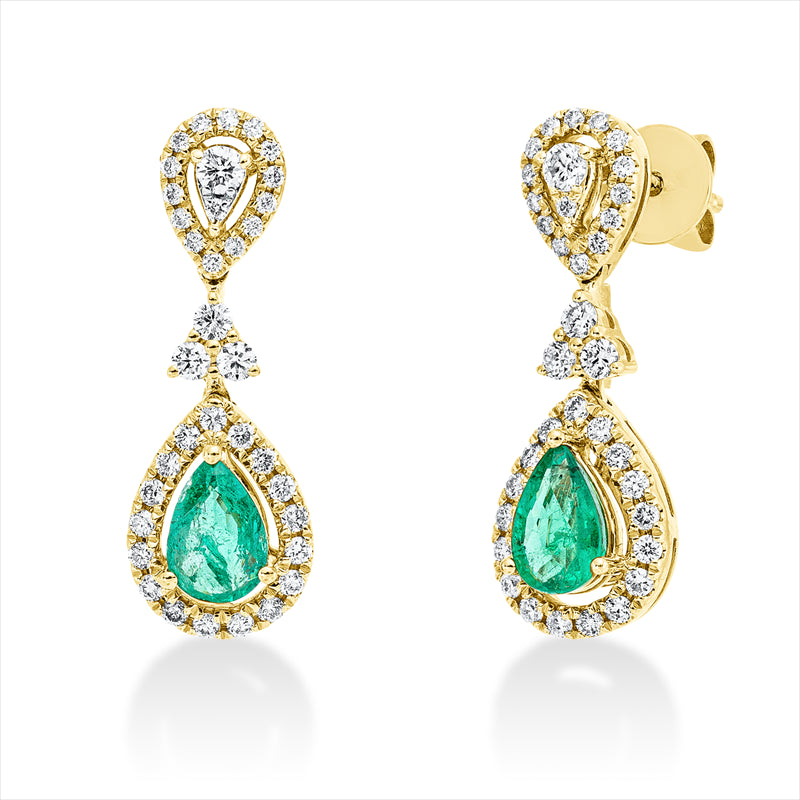 Ohrschmuck 18 kt GG, 8 Brill. 0,17 ct, TW-si, 64 Brill. 0,36 ct, TW-si, 2 Smaragde 0,69 ct grün