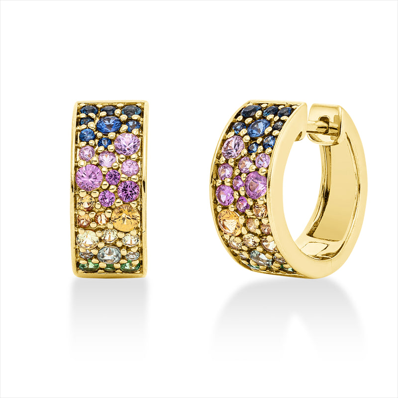 Creolen 18 kt GG, 30Saphire 0,83 ct muticolor, 6 Tsavorith 0,12 ct grün