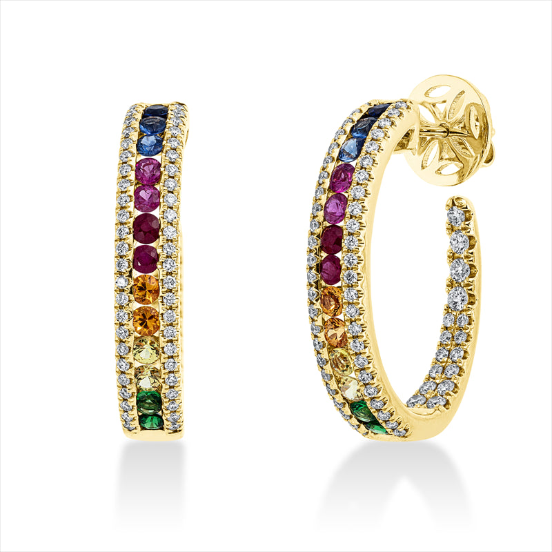 Creolen 18 kt GG,128 Brill.0,90 ct, TW-si,18 Saphire 0,93ct4 Tsavorith 0,18ctgrün,4 Rubine 0,20 ct rot