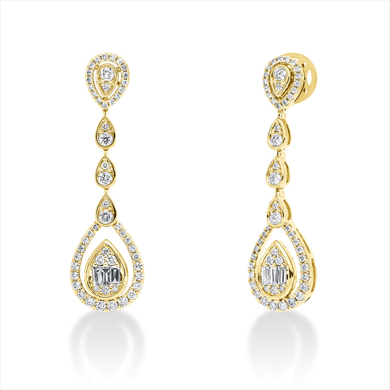 Ohrschmuck 18 kt GG, 44 Brill. 0,51 ct, 54 Brill. 0,28 ct, 6 Bag. 0,23 ct, F-vsi/si, 8 Brill. 0,32 ct, TW-si