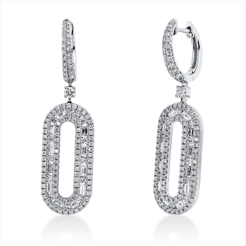 Ohrschmuck 18 kt WG, 50 Brill. 0,70 ct, TW-si, 184 Brill. 0,94 ct, TW-si, 24 Bag. 0,69 ct, F-vsi/si