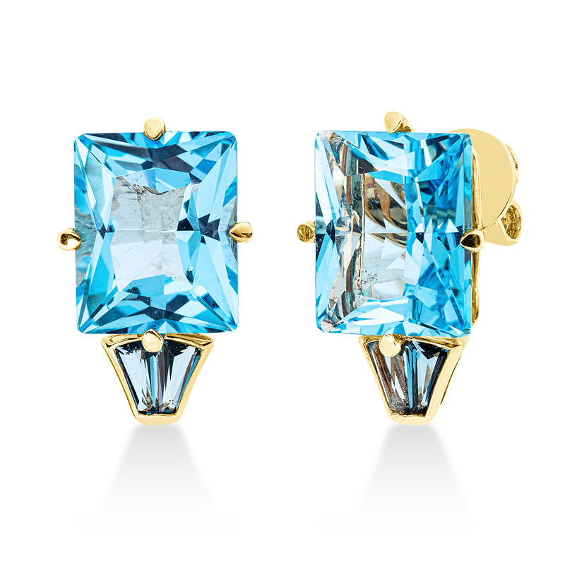 Ohrstecker 18 kt GG, 4 Topase 0,50 ct Lond. blue, 2 Topase 11,40 ct blau