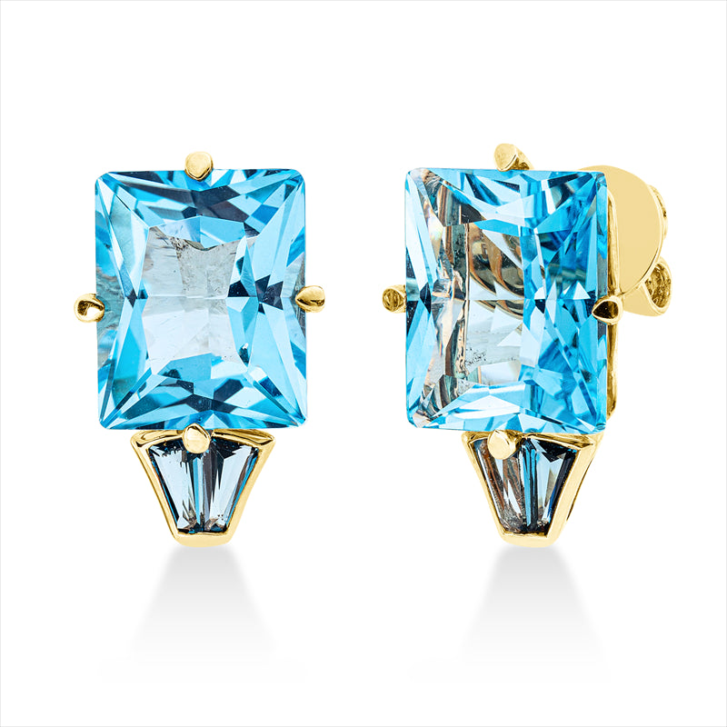 Ohrstecker 18 kt GG, 4 Topase 0,50 ct Lond. blue, 2 Topase 11,40 ct blau