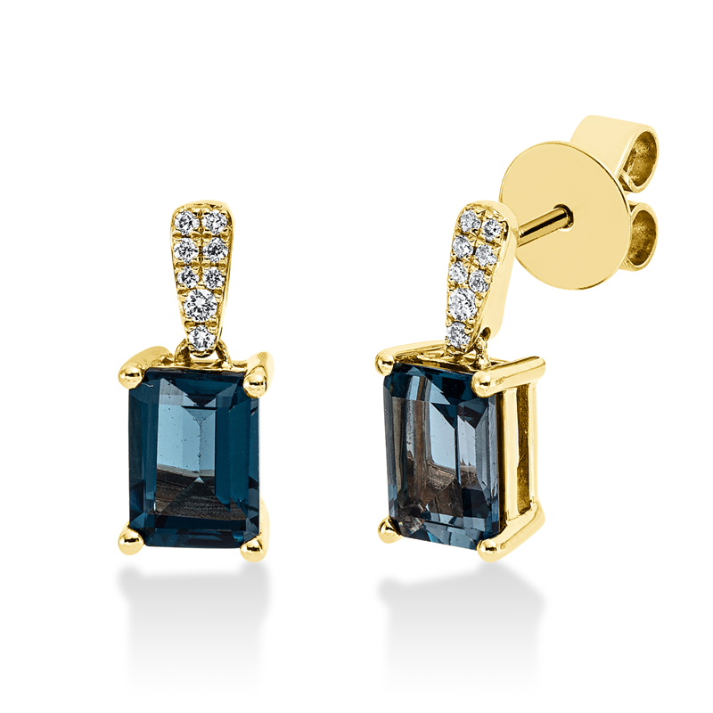Ohrschmuck 18 kt GG, 12 Brill. 0,06 ct, TW-si, 4 Brill. 0,01 ct, TW-si, 2 Topase 2,48 ct Lond. blue