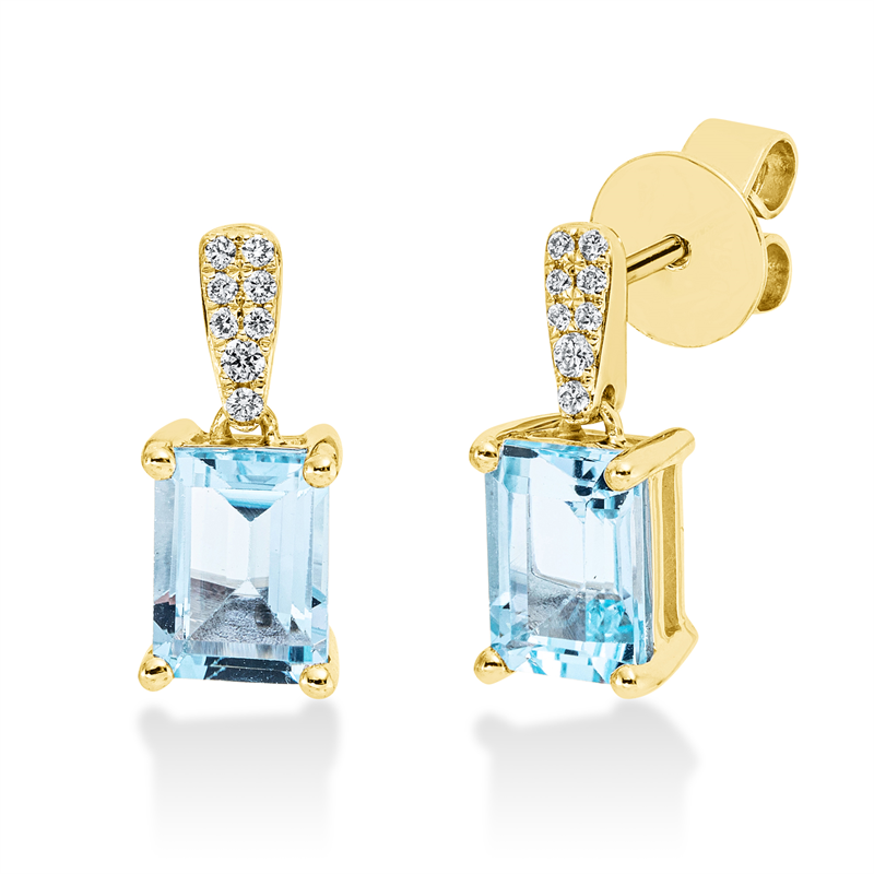 Ohrschmuck 18 kt GG, 16 Brill. 0,07 ct, TW-si, 2 Topase 2,67 ct sky blue
