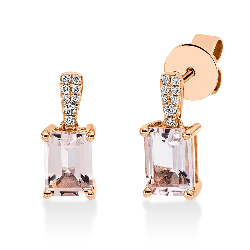 Ohrstecker 18 kt RG, 16 Brill. 0,07 ct, TW-si, 2 Morganit 1,53 ct rosa