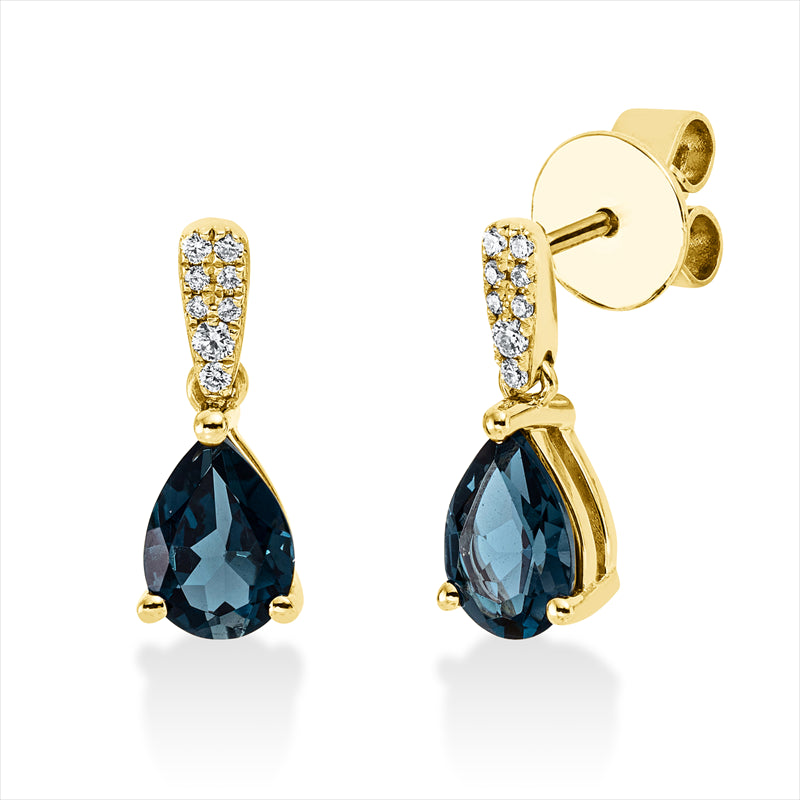 Ohrschmuck 18 kt GG, 8 Brill. 0,05 ct, TW-si, 8 Brill. 0,02 ct, TW-si, 2 Topase 1,42 ct Lond. blue