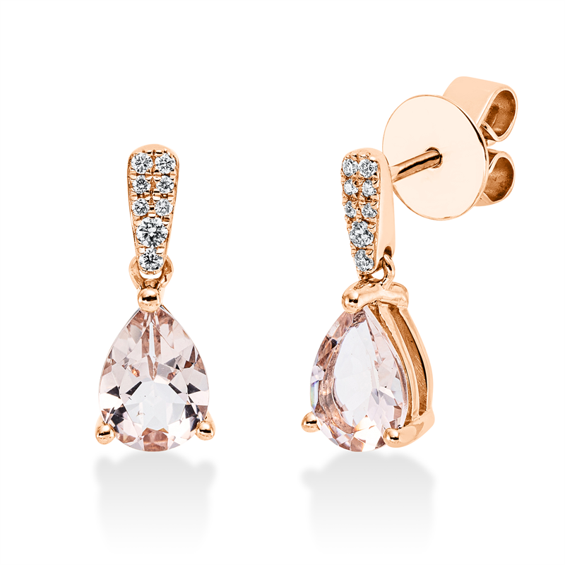Ohrschmuck 18 kt RG, 16 Brill. 0,06 ct, TW-si, 2 Morganit 1,17 ct rosa