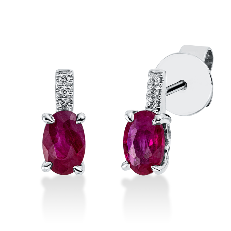 Ohrstecker 18 kt WG, 6 Brill. 0,03 ct, TW-si, 2 Rubine 1,09 ct rot