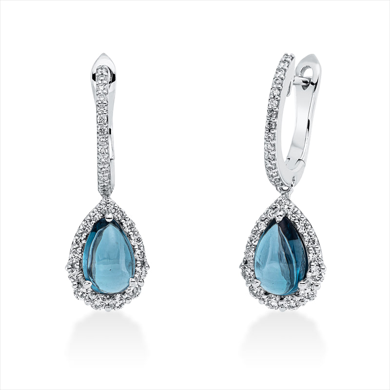 Ohrschmuck 18 kt WG, 60 Brill. 0,51 ct, TW-si, 2 Topase 2,16 ct Lond. blue