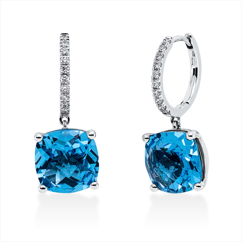Ohrschmuck 18 kt WG, 20 Brill. 0,22 ct, TW-si, 2 Topase 8,66 ct blau