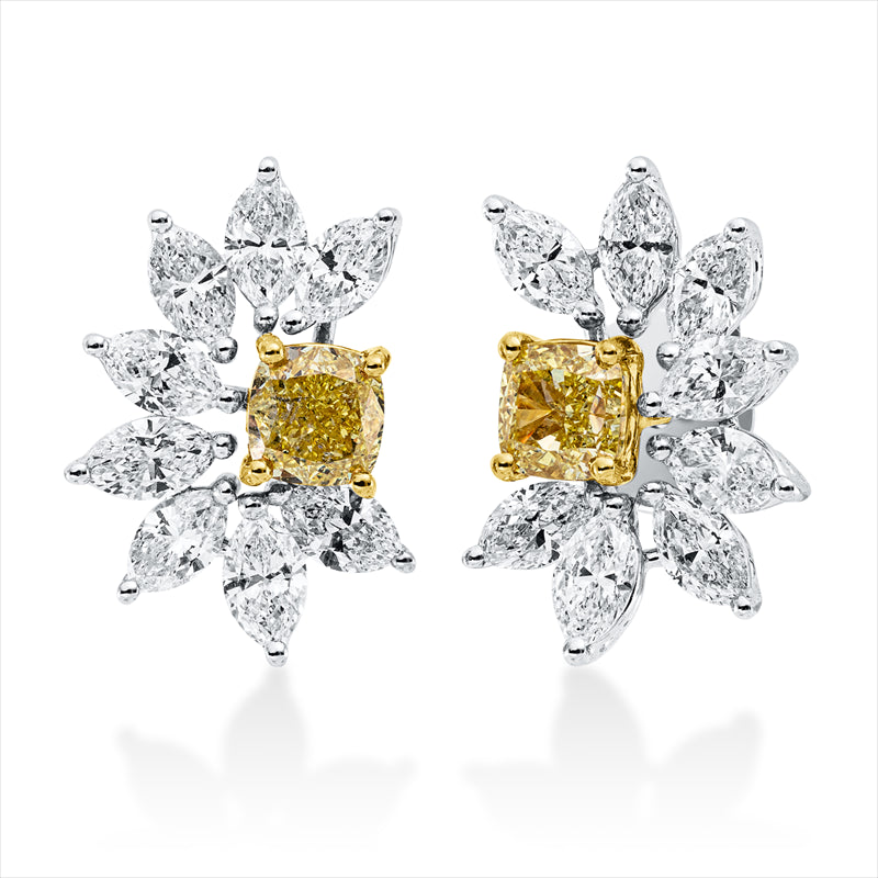 Ohrstecker 18 kt WG+GG, 16 Nav. 1,39 ct, TW-si, 2 Cushion 0,88 ct, gelb