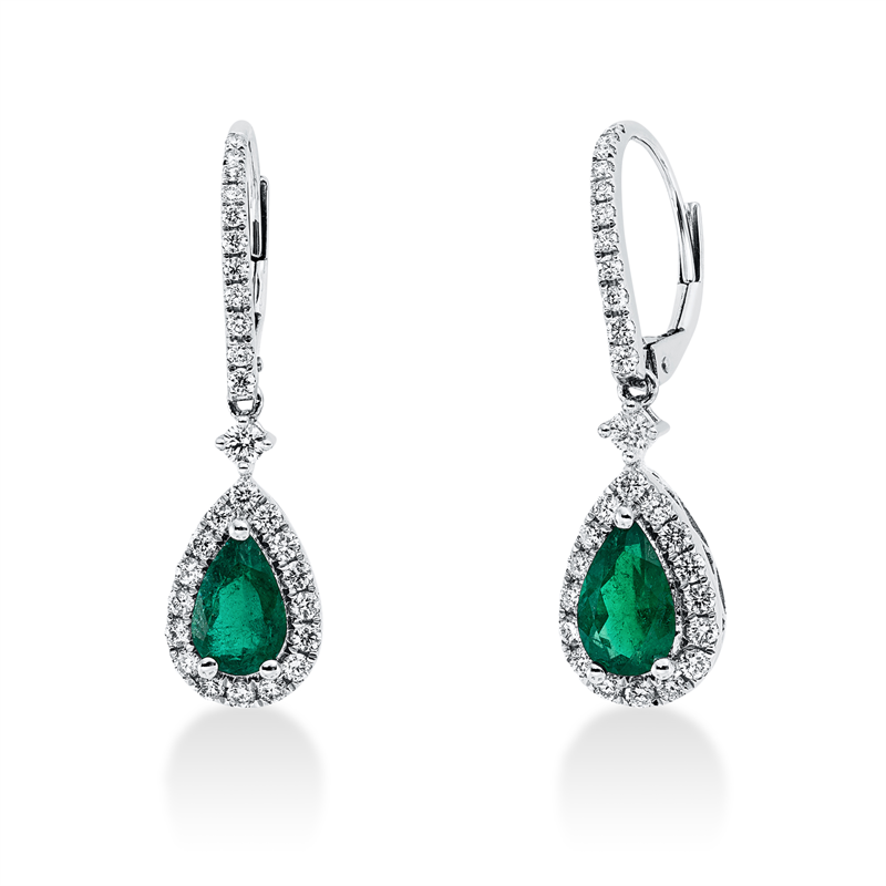 Ohrschmuck 18 kt WG, 56 Brill. 0,72 ct, TW-si, 2 Smaragde 1,51 ct grün