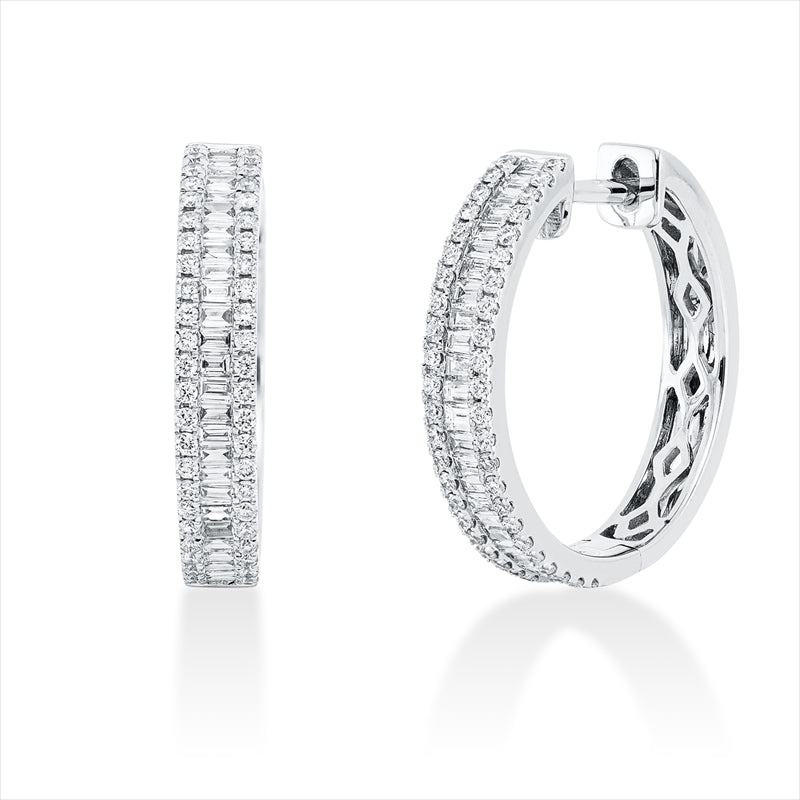 Creolen 18 kt WG, 60 Bag. 0,36 ct, TW-si, 92 Brill. 0,30 ct, TW-si