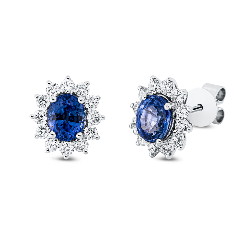 Ohrstecker 18 kt WG, 24 Brill. 0,61 ct, TW-pi, 2 Saphire 1,82 ct blau