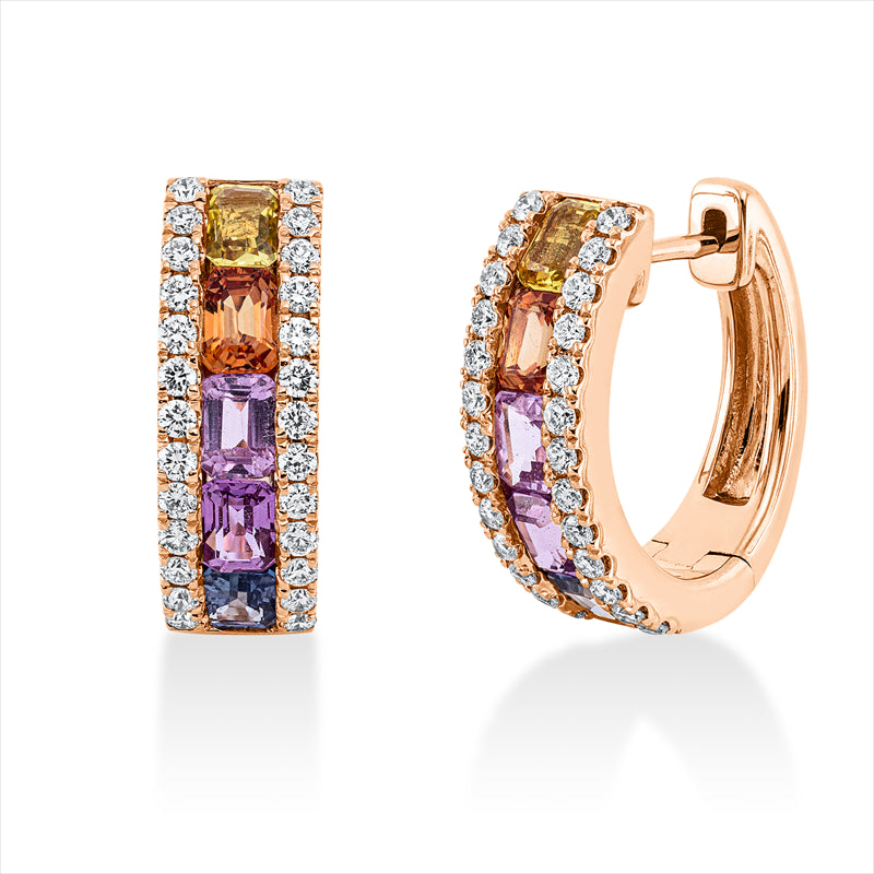 Creolen 18 kt RG, 52 Brill. 0,58 ct, TW-si, 10 Saphire 2,49 ct multicolor