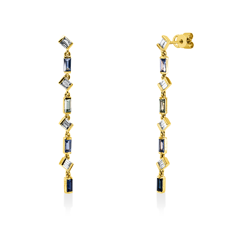 Ohrschmuck 18 kt GG, 16 Bag. 0,34 ct, TW-vsi, 2 Saphire 0,33 ct grün, 6 Saphire 0,79 ct blau