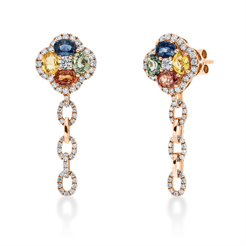 Ohrschmuck 18 kt RG, 48 Brill.0,33 ct, 2 Brill.0,12 ct,90 Brill.0,31 ct, TW-si, 8 Saphire 1,84 ct multicolor