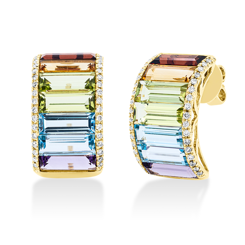 Ohrstecker 18 kt GG, 68 Brill. 0,29 ct, TW-si, 14 Farbsteine 7,60 ct, multicolor