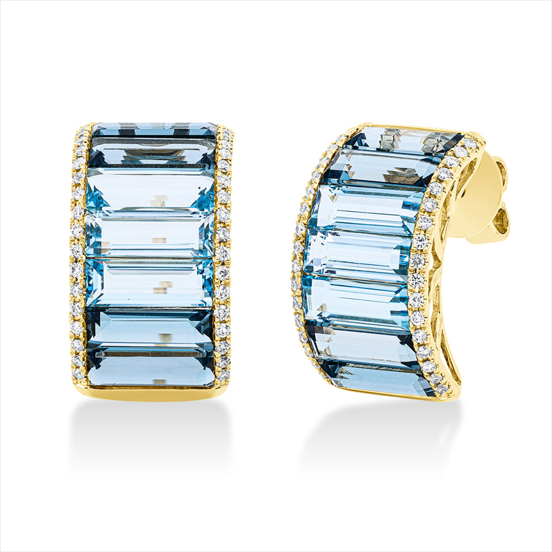 Ohrstecker 18 kt GG, 68 Brill. 0,29 ct, TW-si, 8 Topase 5,50 ct blau, 6 Topase 3,70 ct Lond. blue