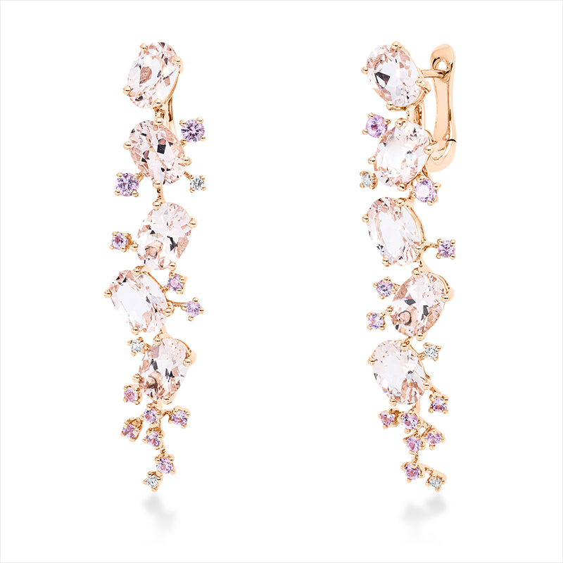 Ohrschmuck 18 kt RG, 6 Brill. 0,08 ct, TW-si, 10 Morganit 7,00 ct rosa, 22 Saphire 0,85 ct pink