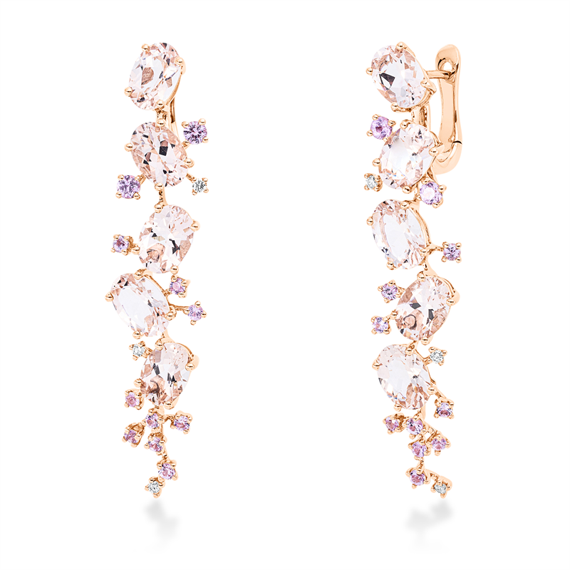 Ohrschmuck 18 kt RG, 6 Brill. 0,08 ct, TW-si, 10 Morganit 6,20 ct rosa, 22 Saphire 0,82 ct pink