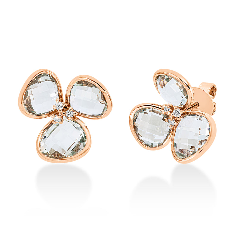 Ohrstecker 18 kt RG, 6 Brill. 0,09 ct, TW-si, 2 Amethyste 3,70 ct grün, 4 Amethyste 5,10 ct grün