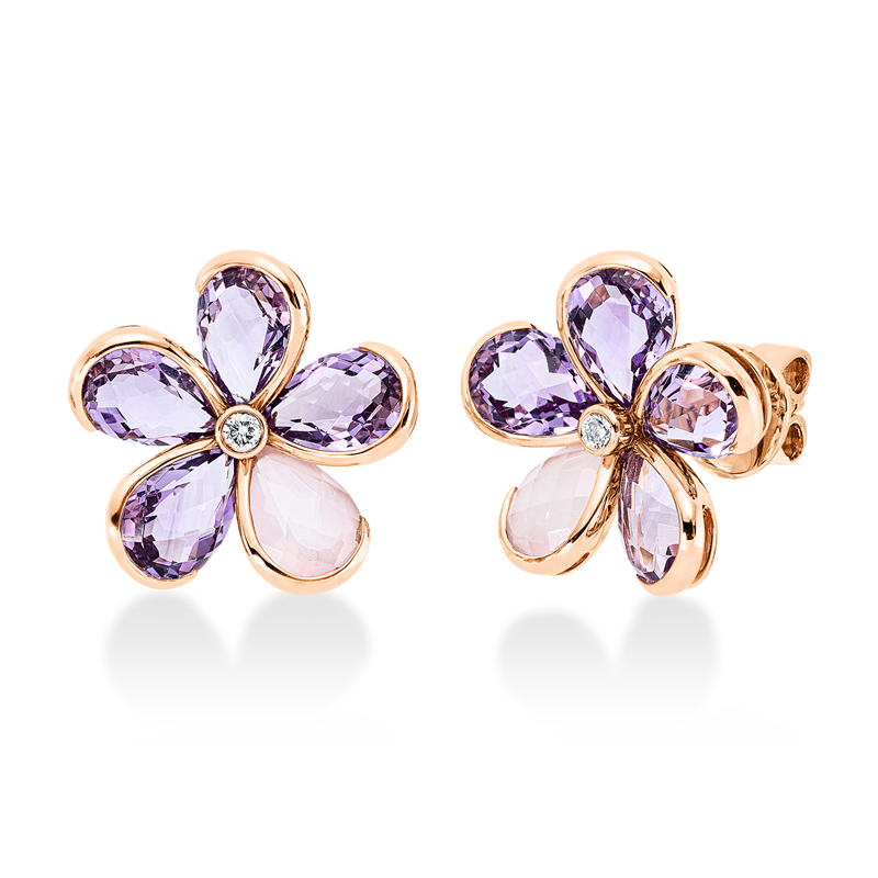 Ohrstecker 18 kt RG, 2 Brill. 0,06 ct, TW-si, 8 Amethyste 5,10 ct lila, 2 Quarz 1,40 ct rosa