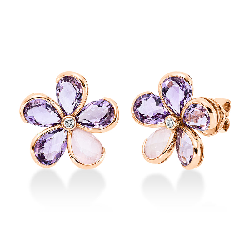 Ohrstecker 18 kt RG, 2 Brill. 0,06 ct, TW-si, 8 Amethyste 5,10 ct lila, 2 Quarz 1,40 ct rosa