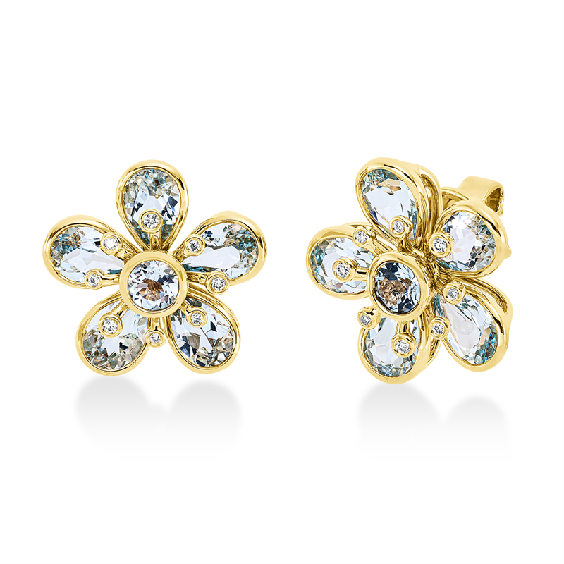 Ohrstecker 18 kt GG, 16 Brill. 0,07 ct, TW-si, 10 Topase 4,50 ct sky blue, 2 Topase 0,40 ct sky blue