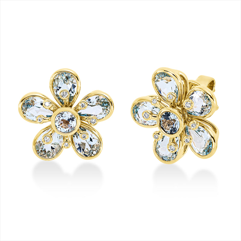 Ohrstecker 18 kt GG, 16 Brill. 0,07 ct, TW-si, 10 Topase 4,50 ct sky blue, 2 Topase 0,40 ct sky blue