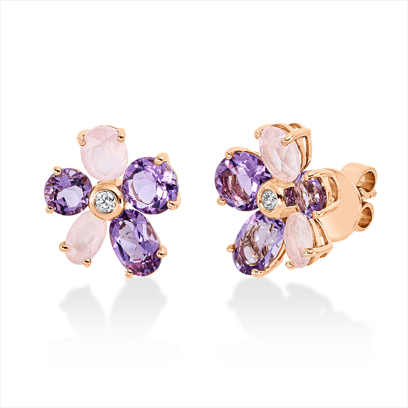 Ohrstecker 18 kt RG, 2 Brill. 0,05 ct, TW-si, 6 Amethyste 2,20 ct lila, 4 Quarz 1,10 ct rosa