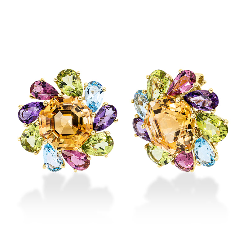 Ohrstecker 18 kt GG, 6 Peridot 4,80 ct grün, 2 Citrin 10,50 ct gelb, 12 Farbsteine 5,50 ct multicolor