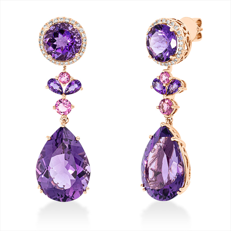 Ohrschmuck 18kt RG, 54 Brill.0,26ct, TW-si, 2 Ame 5,30ct lila, 6 Ame 20,90ct lila, 4 Turmalin 0,90ct pink