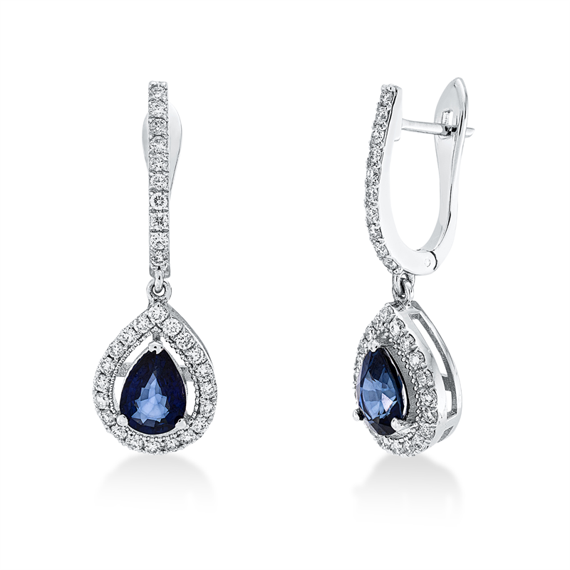 Ohrschmuck 18 kt WG, 60 Brill. 0,63 ct, F-si, 2 Saphire 1,51 ct blau