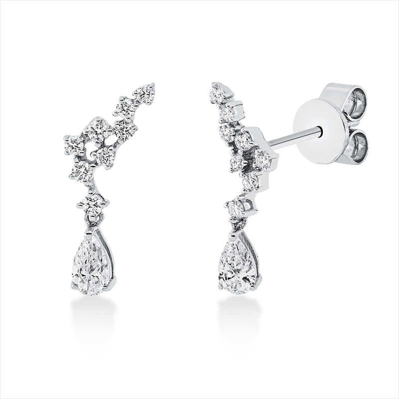 Ohrstecker 18 kt WG, 2 Tropfen 0,35 ct, TW-vsi, 16 Brill. 0,24 ct, TW-si