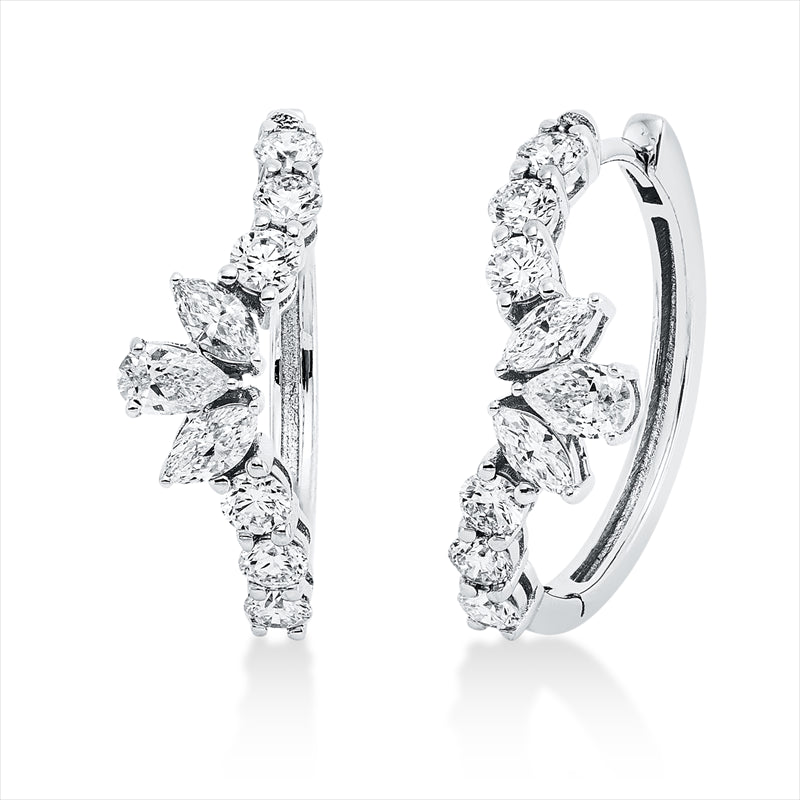 Creolen 18 kt WG, 4 Nav. 0,23 ct, TW-vsi, 2 Tropfen 0,20 ct, TW-vsi, 12 Brill. 0,52 ct, TW-si