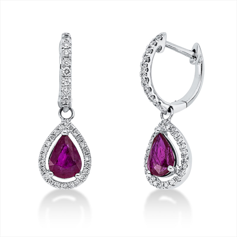 Ohrschmuck 18 kt WG, 66 Brill. 0,36 ct, TW-si, 2 Rubine 1,63 ct rot