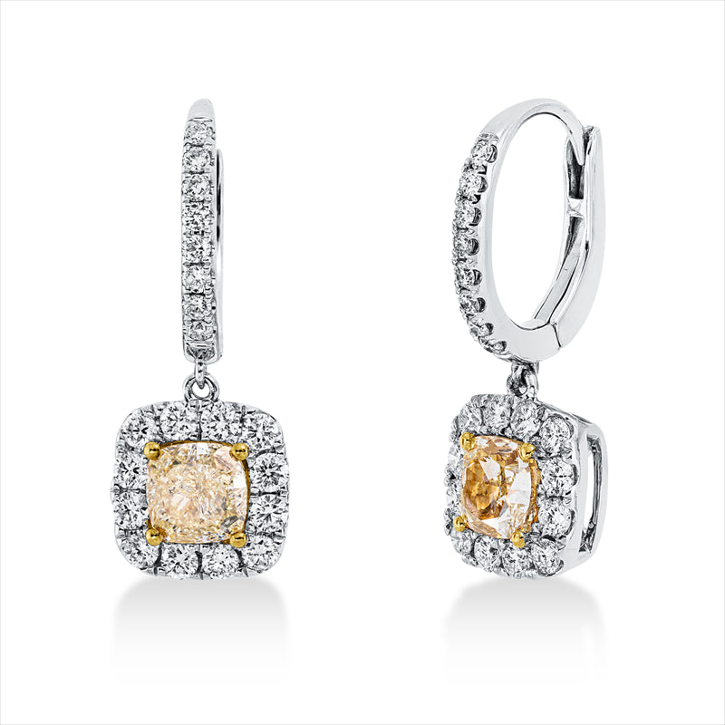Ohrschmuck 18 kt WG+GG, 40 Brill. 0,74 ct, TW-si, 2 Cushion 1,45 ct, gelb
