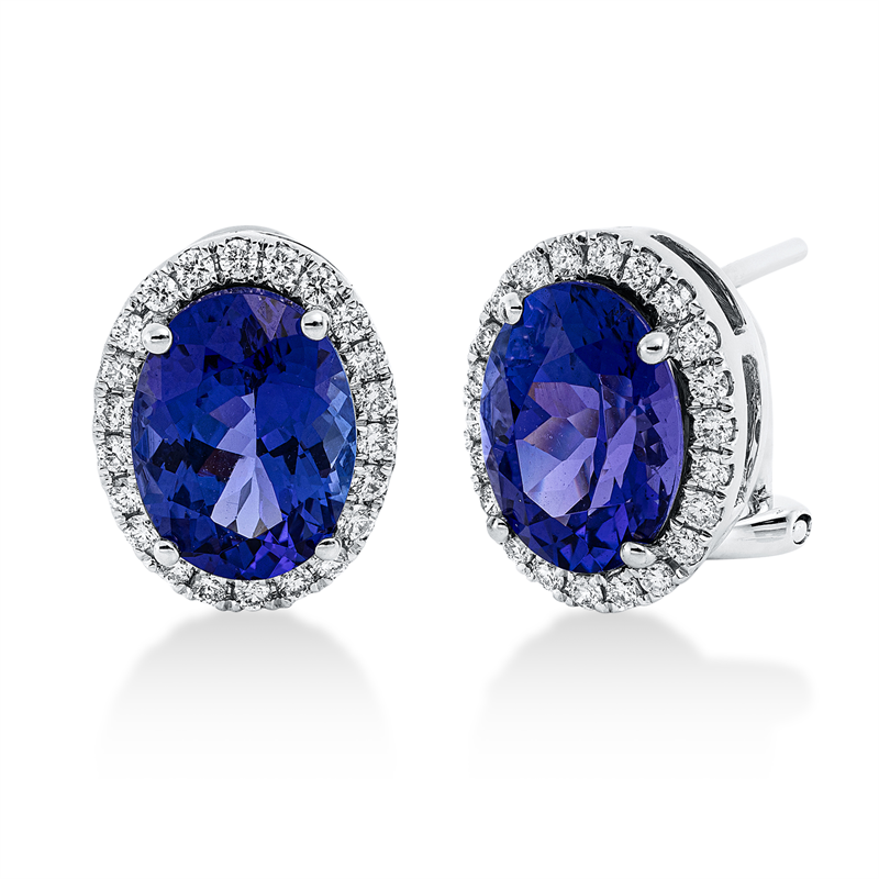 Creolen 18 kt WG, 44 Brill. 0,47 ct, TW-si, 2 Tansanit 6,59 ct blau
