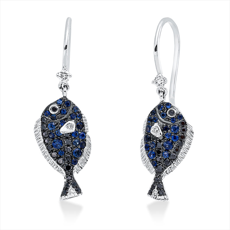 Ohrschmuck 18 kt WG, 6 Brill. 0,05 ct, TW-vsi, 35 Brill. 0,15 ct, schwarz, 42 Saphire 0,28 ct blau
