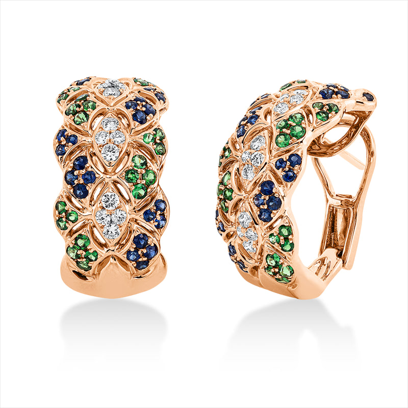 Creolen 18 kt RG, 30 Brill. 0,51 ct, TW-vsi/si, 52 Tsavorith 0,94 ct grün, 52 Saphire 0,84 ct blau